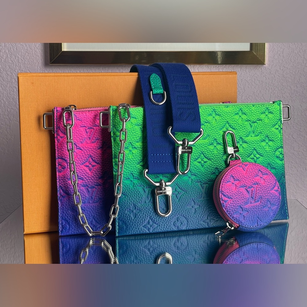 LOUIS VUITTON Taurillon Illusion Trio Pouch in Bleu and Rose by Virgil Abloh